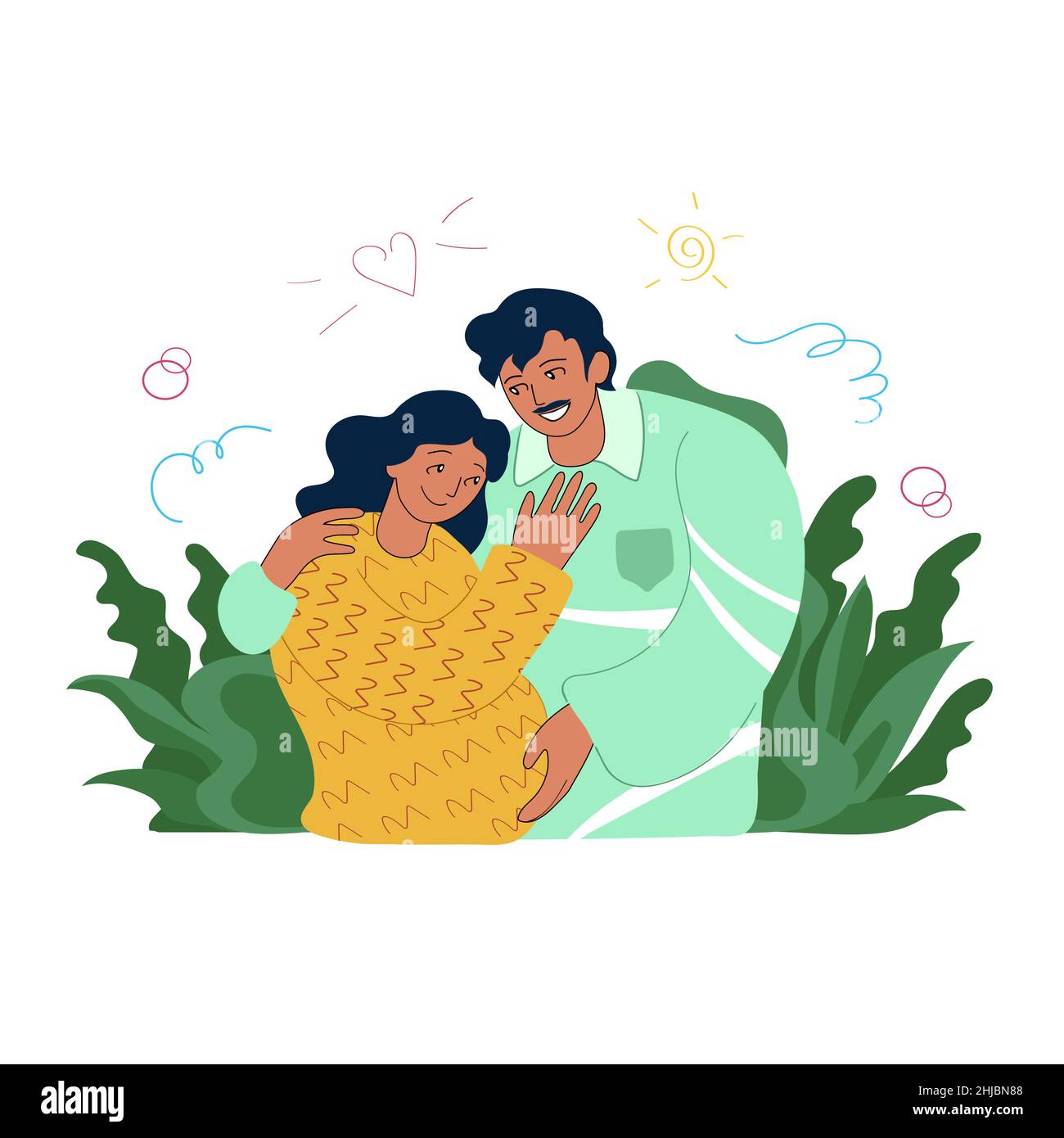 Hispanic ethnicity happy young family couple hugging. Latin American loving future parents, pregnancy, parenthood planning, togetherness concept Stock Vector