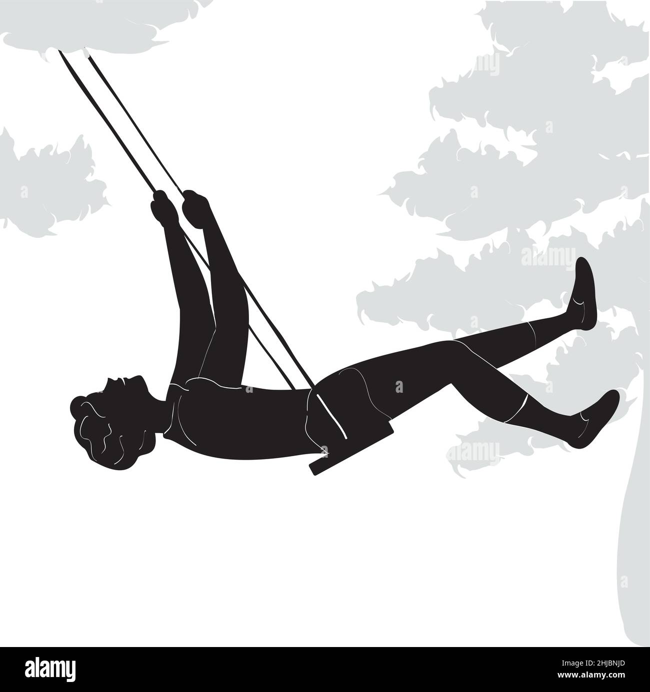 Happy teenager boy with wavy hair, in t-shirt and shorts, having fun dangling his legs while reclining on swing, flying forth among high trees. Black Stock Vector