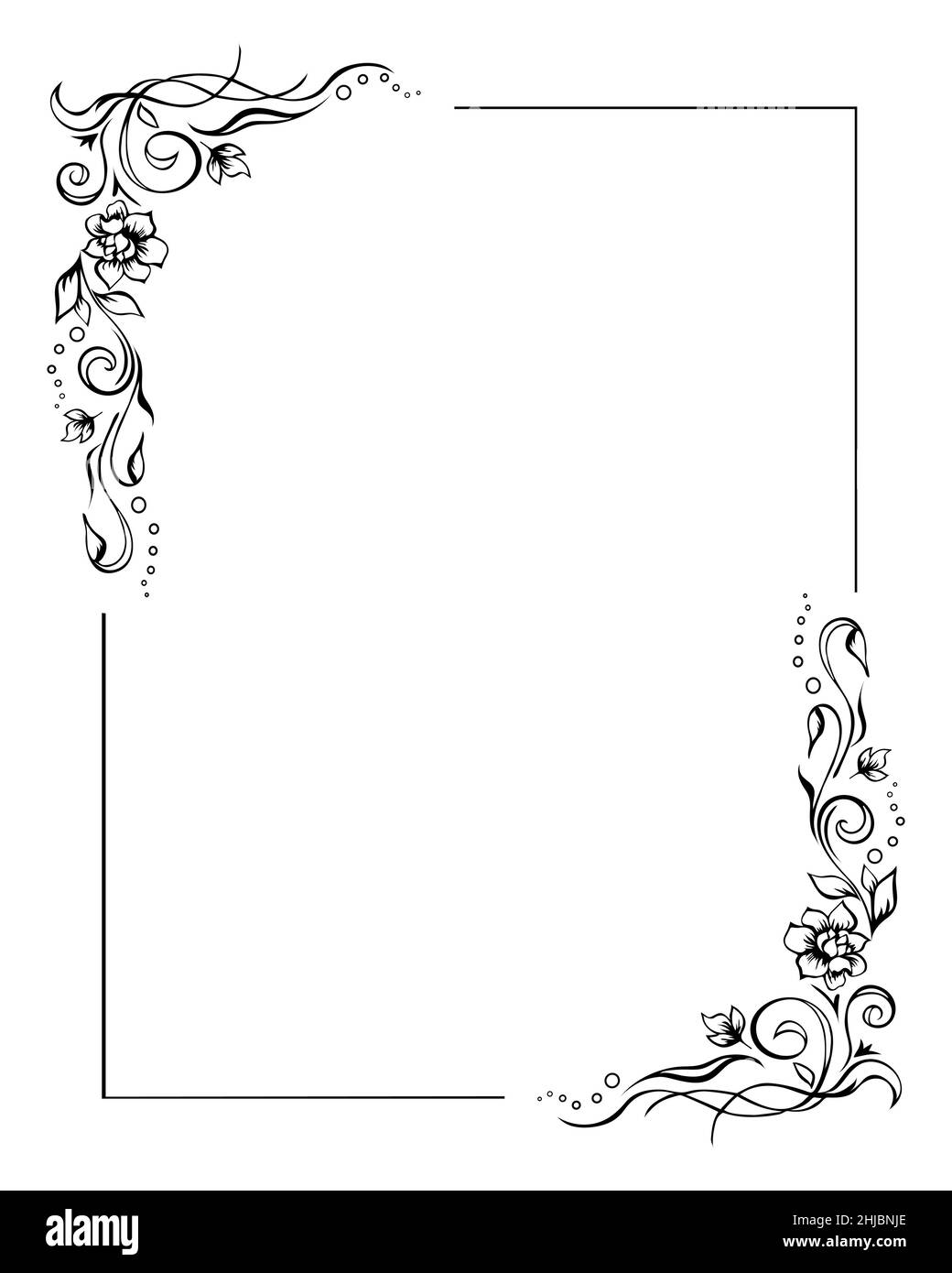 Rectangular floral frame, rose border template with flourishes in two corners. Elegant hand-drawn decorative elements, foliage and blossom. Editable Stock Vector