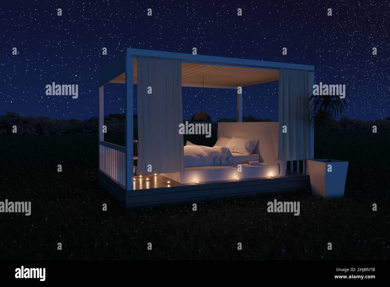 3d rendering of white patio roof with white bed outside at green meadow under stars night sky Stock Photo