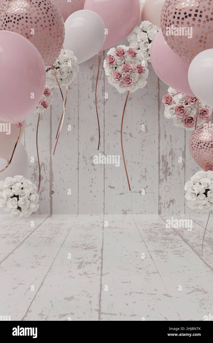 3d rendering of decorative backdrop with old white planks and rising balloons. Selective Focus Stock Photo