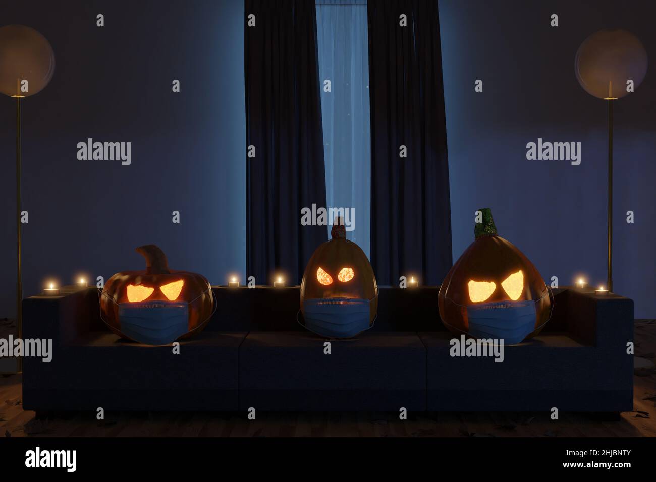 3d rendering of creepy jack-o-lanterns covered with a face mask and sitting on the sofa in the darken living room Stock Photo