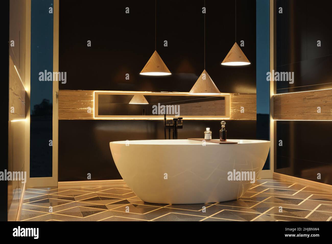 3d rendering of precious black bathroom with illuminated led lights and hardwood details Stock Photo