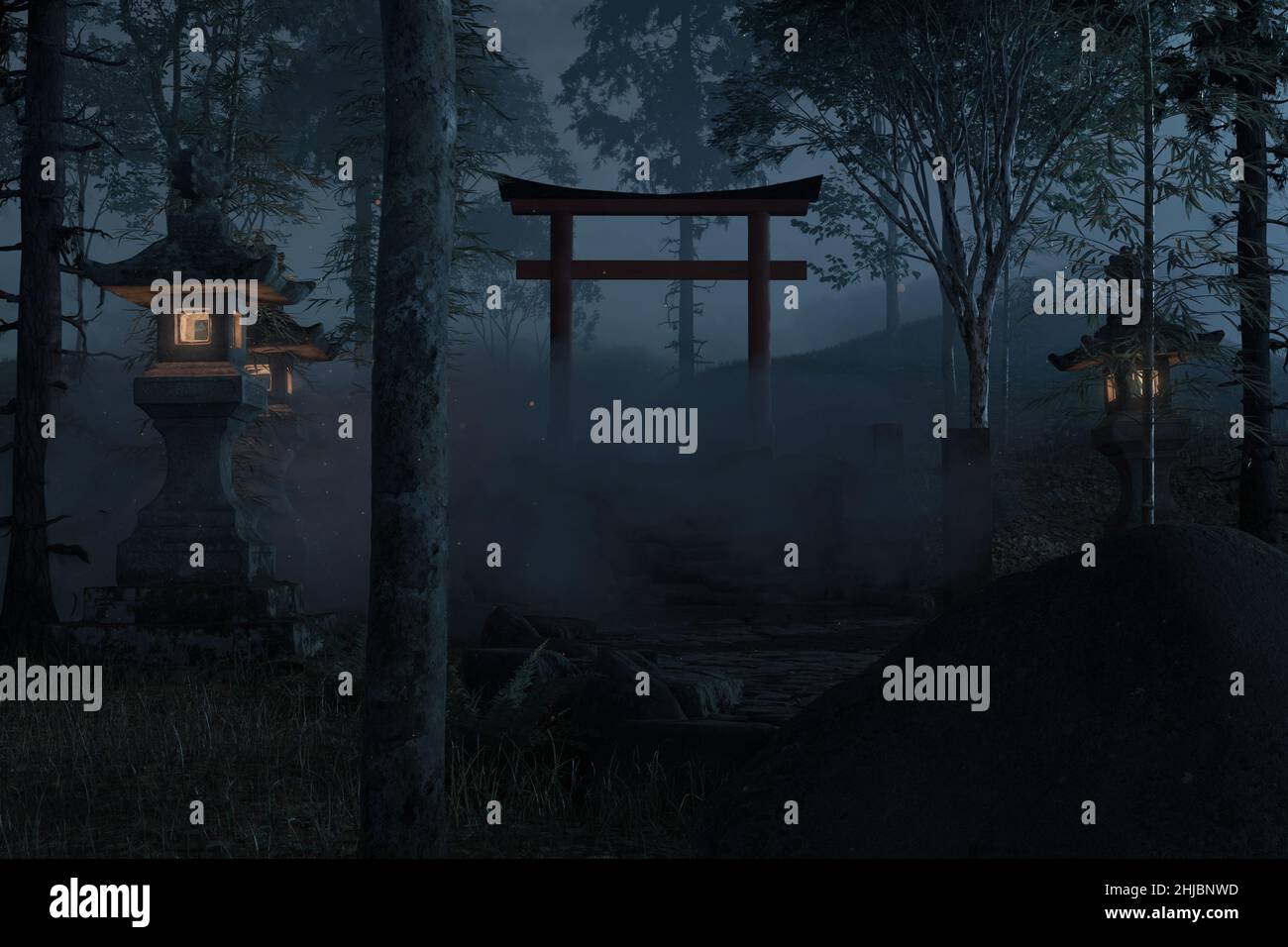 3d rendering of an old japanese shrine with torii gate and stone lantern at night Stock Photo