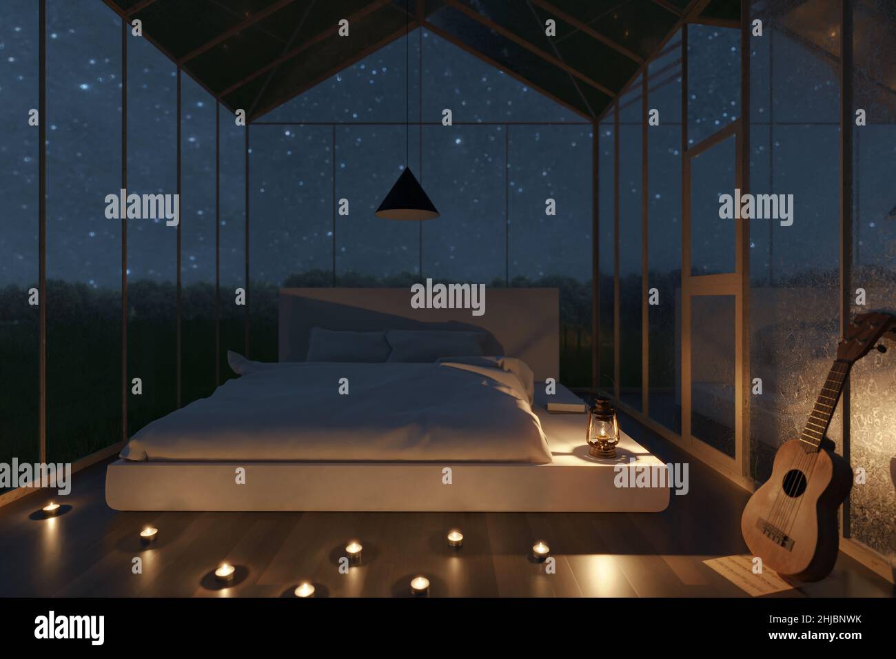 3d rendering of cozy greenhouse with white bed and illuminated candles at night Stock Photo