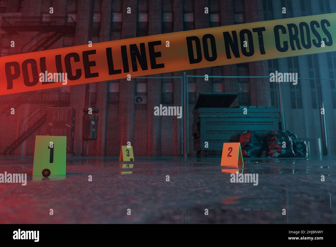 3d rendering of crime scene at backyard place with yellow police tape at night Stock Photo