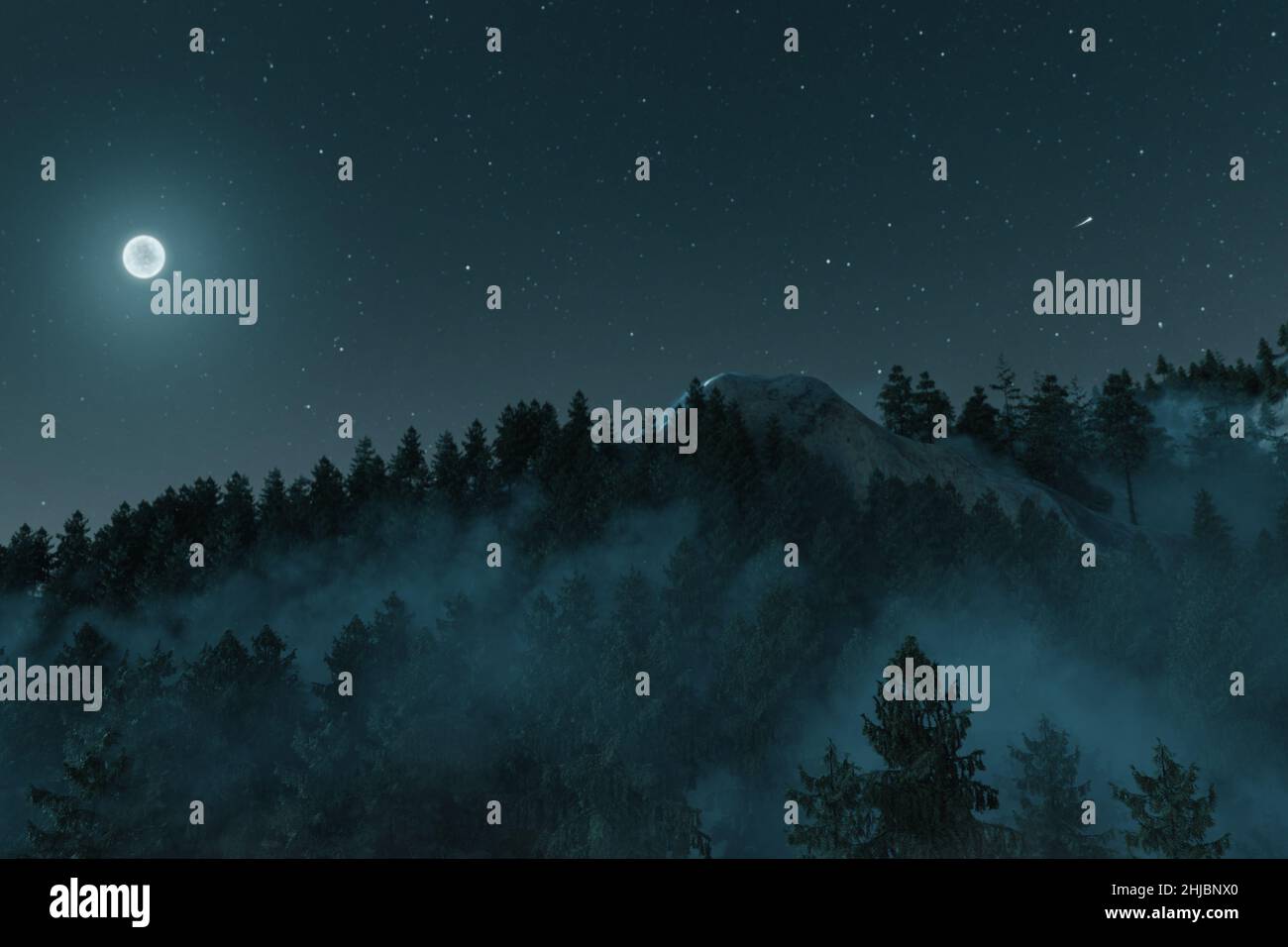 3d rendering of foggy mountain surrounded by pine trees in the starry night illuminated with moonlight Stock Photo