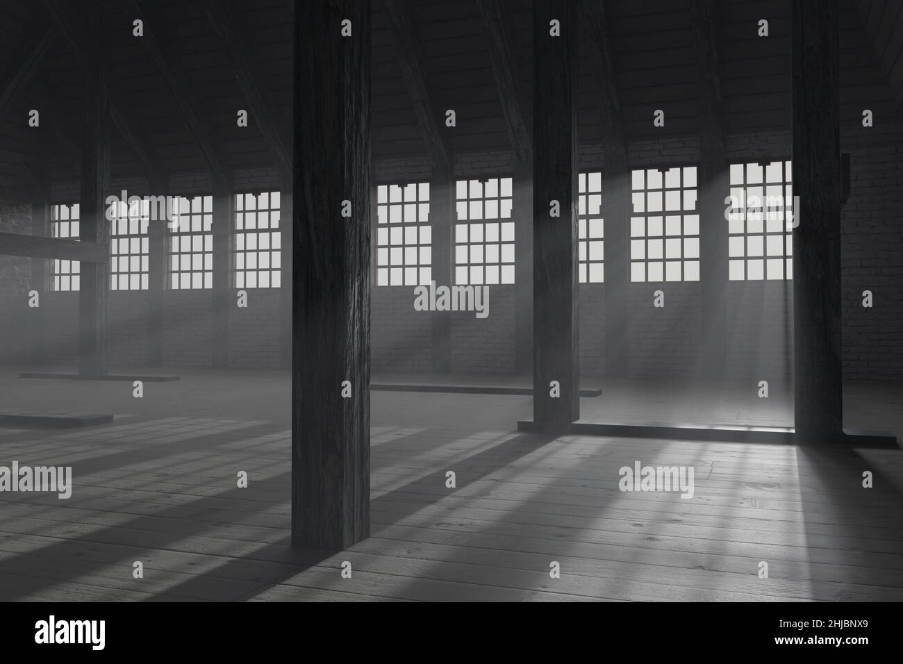 3d rendering of darken empty attic with light rays through windows Stock Photo
