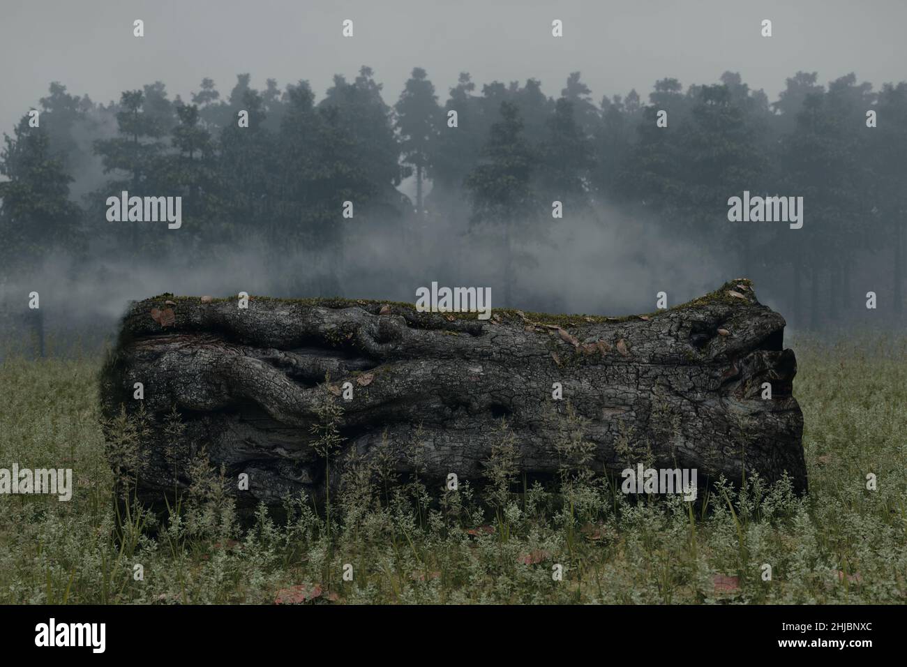 3d rendering of laying old apple tree in front of foggy forest Stock Photo