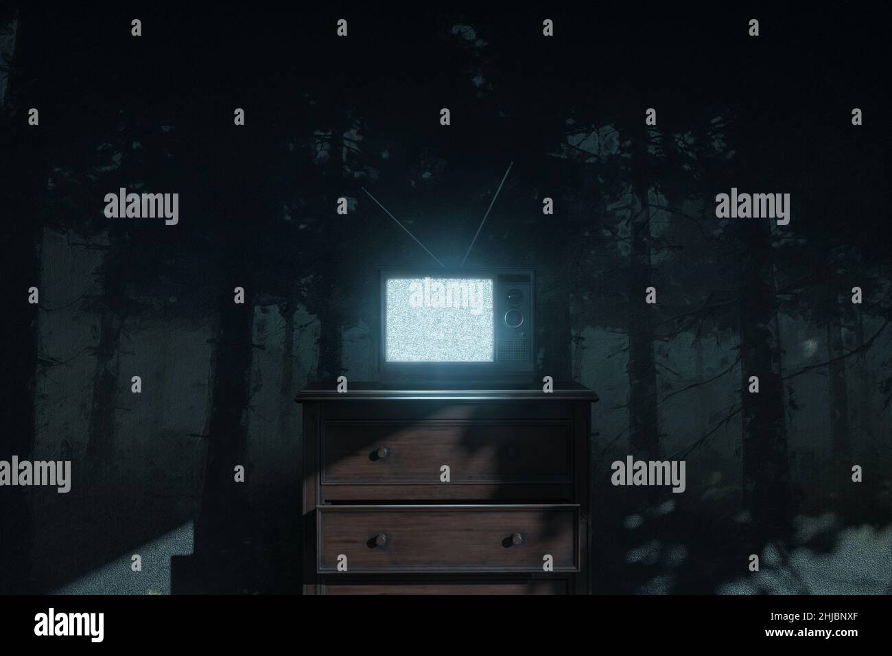 3d rendering of a haunted room with an old television with bright static screen Stock Photo