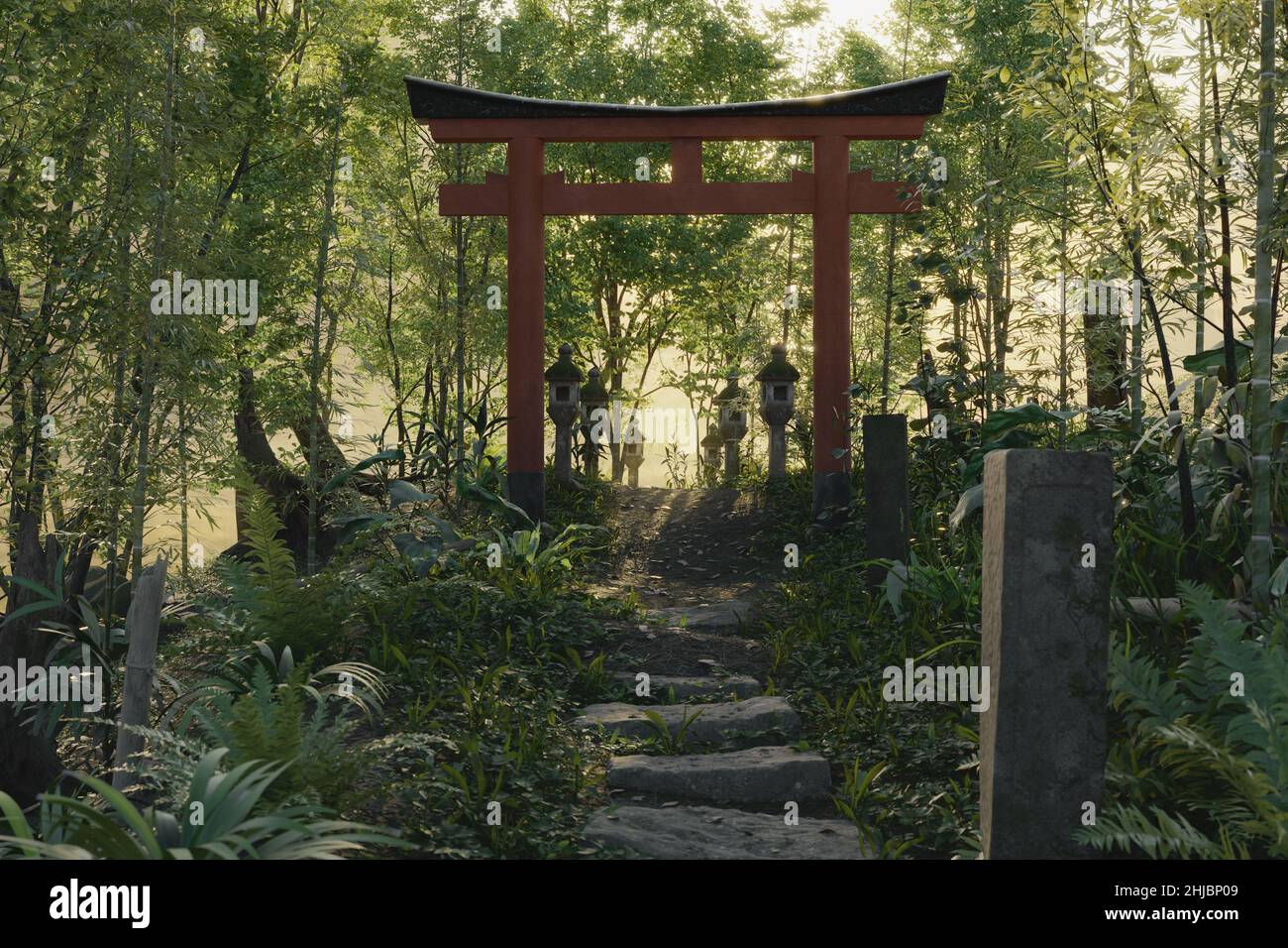 3d rendering of an old natural path in front of torii gate and stone ...