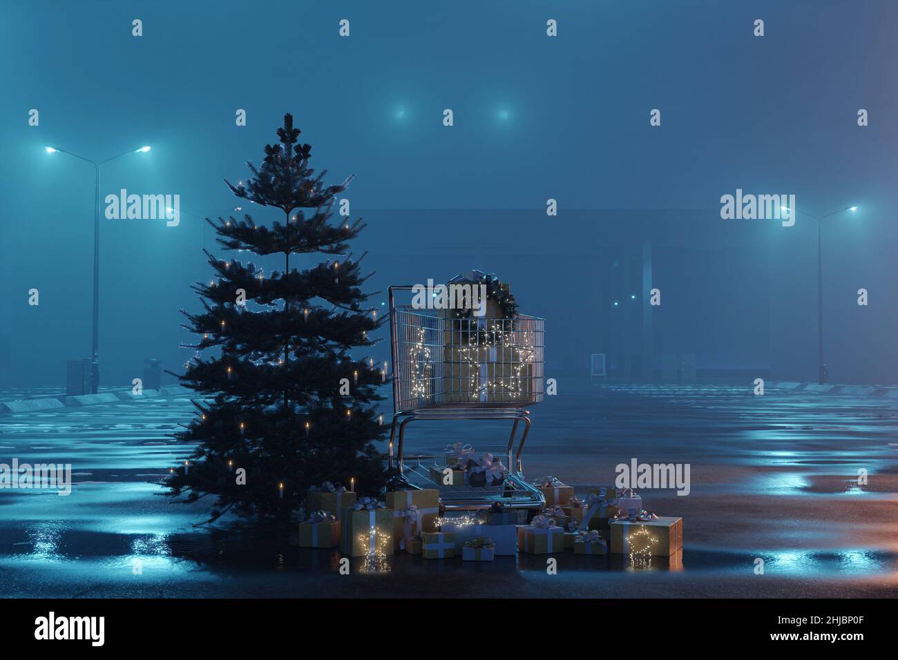3d rendering of illuminated christmas tree next to shopping trolley at abandoned foggy parking space Stock Photo