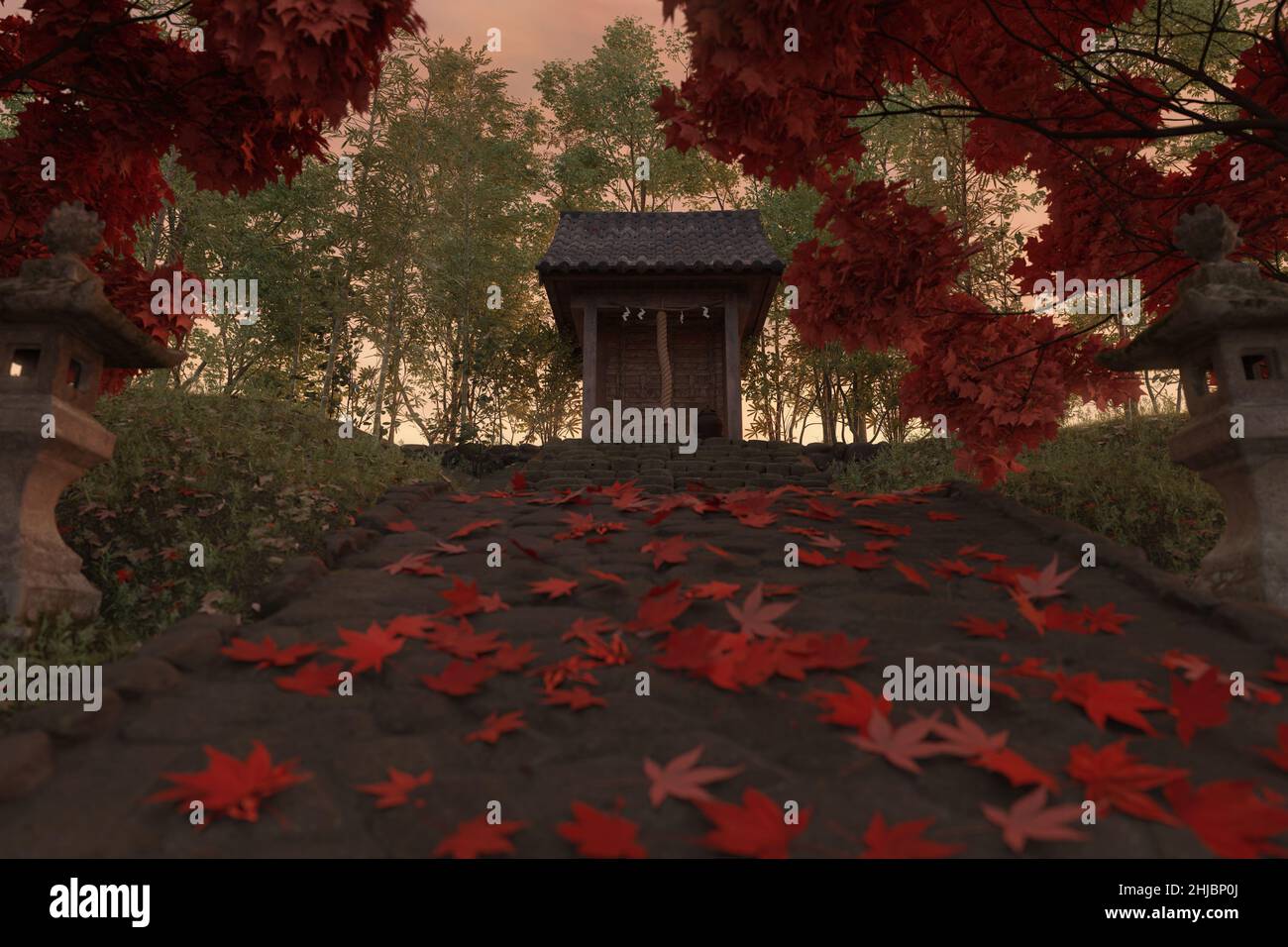 3d rendering of a japanese shrine in autumn season Stock Photo