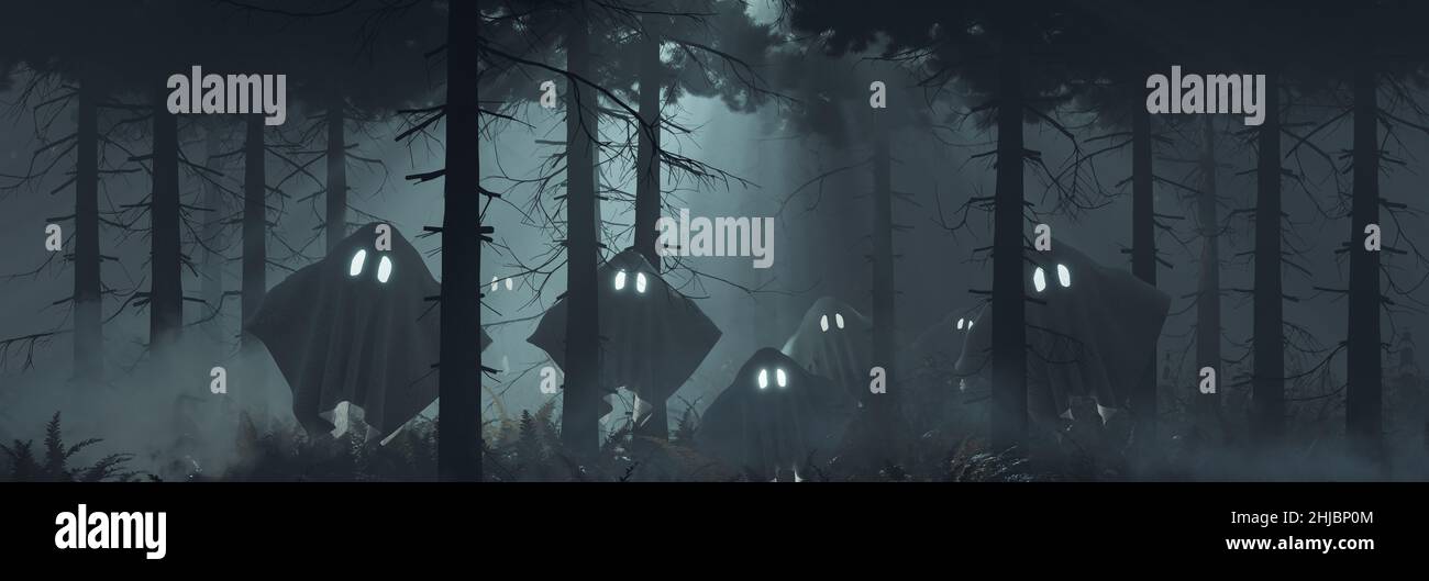 3d rendering of foggy dark forest with flying ghosts Stock Photo
