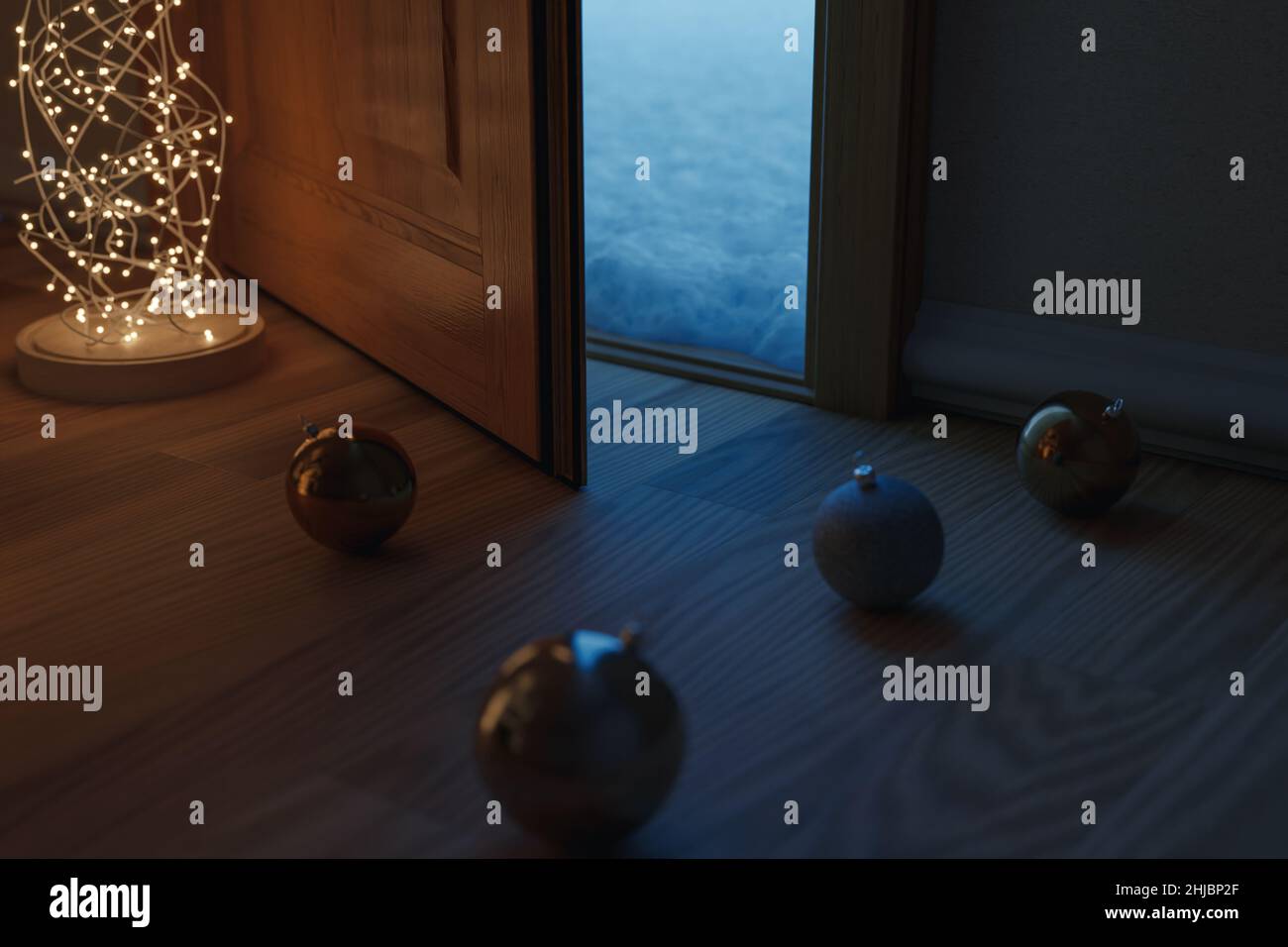 3d rendering of christmas balls laying on laminate floor next to open front door covered with a thick snow cover. Concept white christmas Stock Photo
