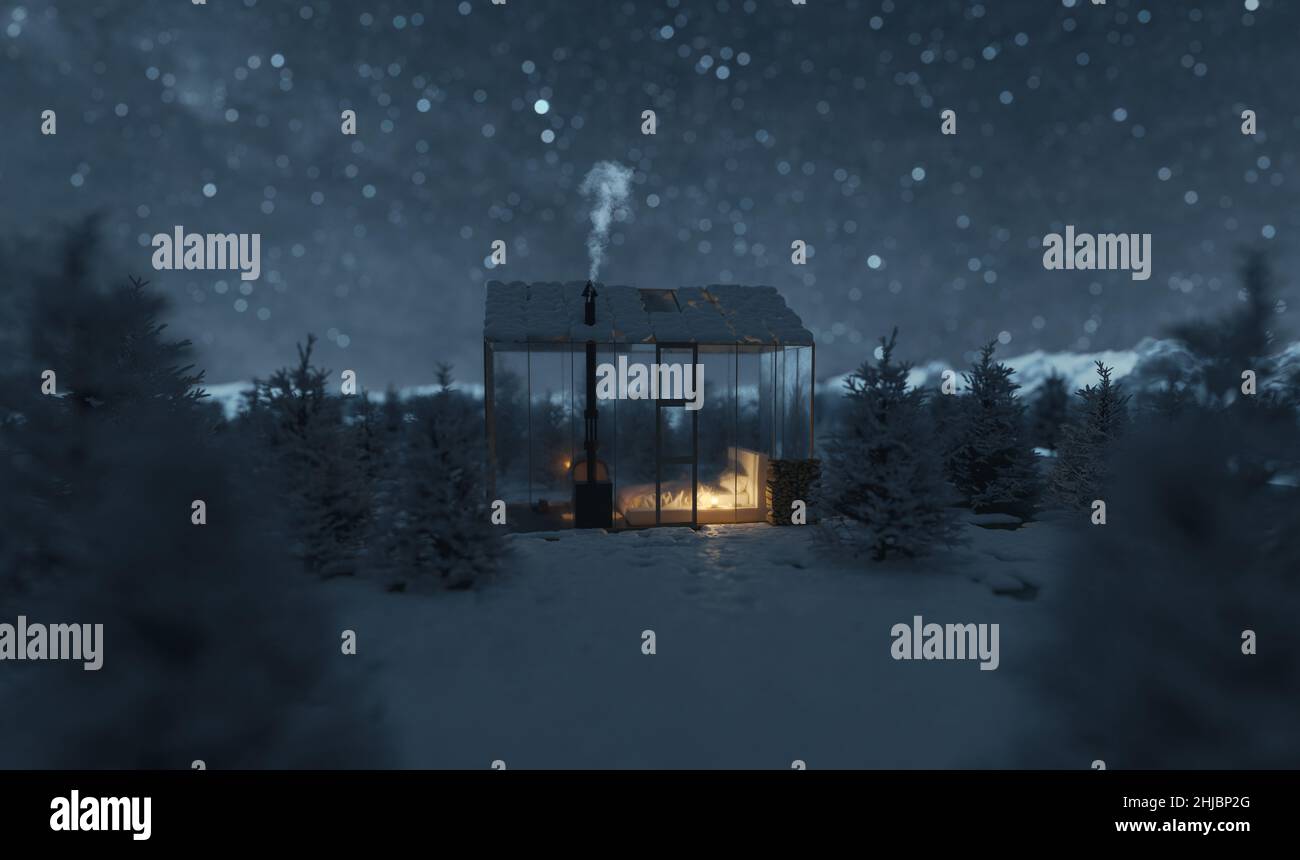 3d rendering of cozy hut with glass panels in the woods at night Stock Photo