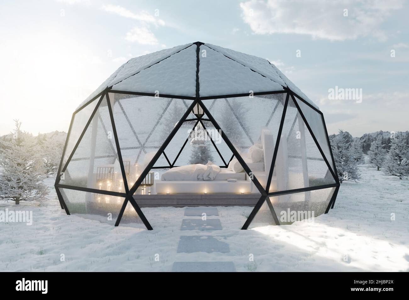 3d rendering of geodesic dome hut with glass panels in the morning light Stock Photo