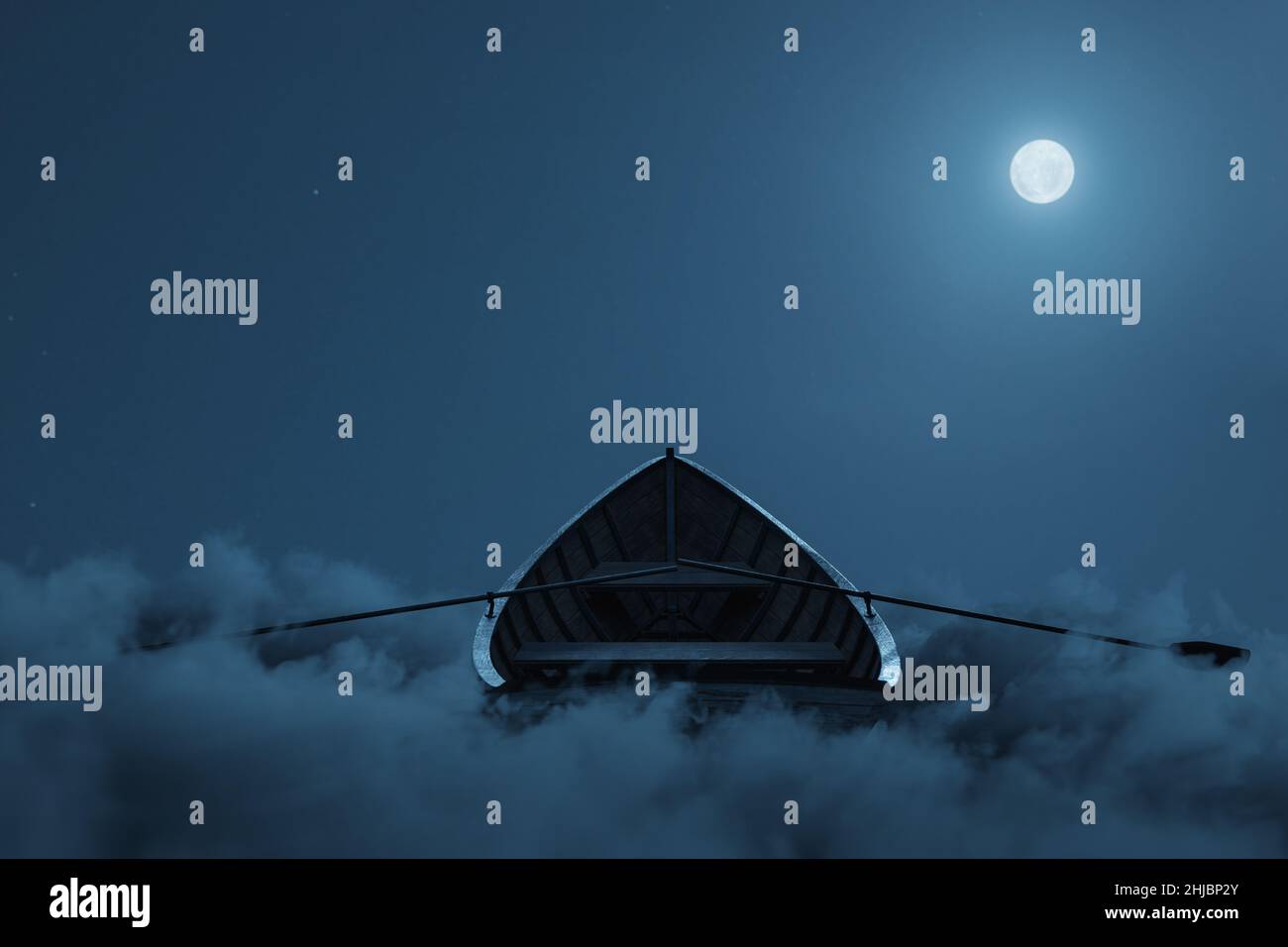 3d rendering of abandoned wooden boat over fluffy night clouds. Illuminated from moonlight Stock Photo