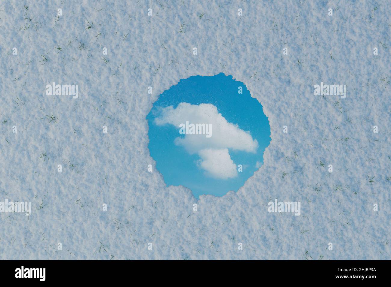 3d rendering of circular mirror reflecting single white cloud and surrounded by snow. Flat lay of winter style concept Stock Photo