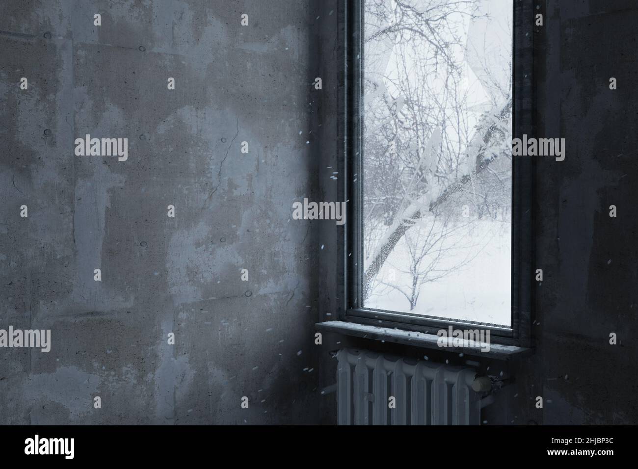 3d rendering of abandoned room with broken window and falling snow Stock Photo
