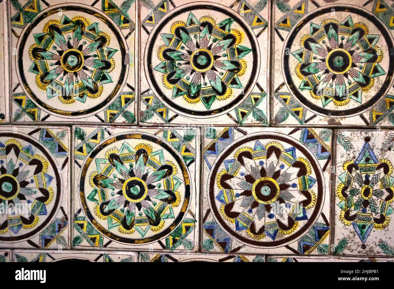 KOLOMYIA, UKRAINE - JUNE 22, 2022 - Tiles are part of the collection of Kosiv painted ceramics on display at the Yosaphat Kobrynsky National Museum of Stock Photo