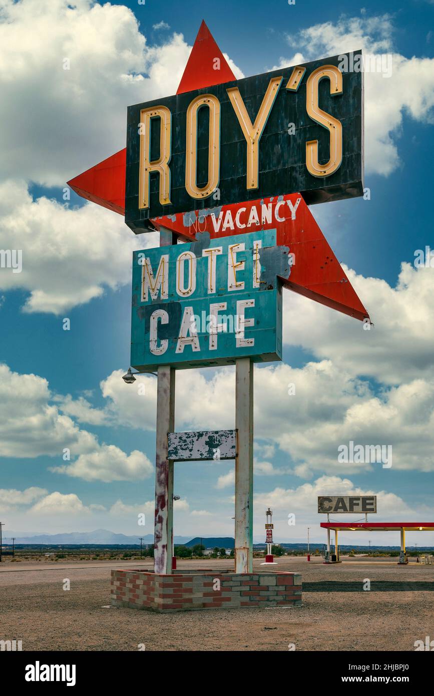 Roy's Motel and Cafe vintage sign, Route 66, Amboy, California, USA Stock Photo