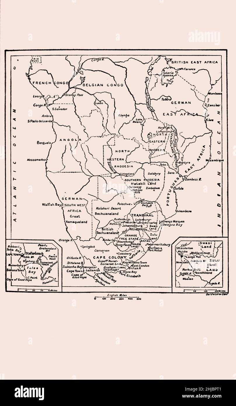 1900's Map of Southern Africa from the book ' Romance of Empire : South Africa ' by Ian Duncan Colvin, Edited by John Lang, with illustrations in colour by John R. Skelton and G.S. Smithard Publisher: London Edinburgh, T.C. & E.C. Jack in 1909 Stock Photo