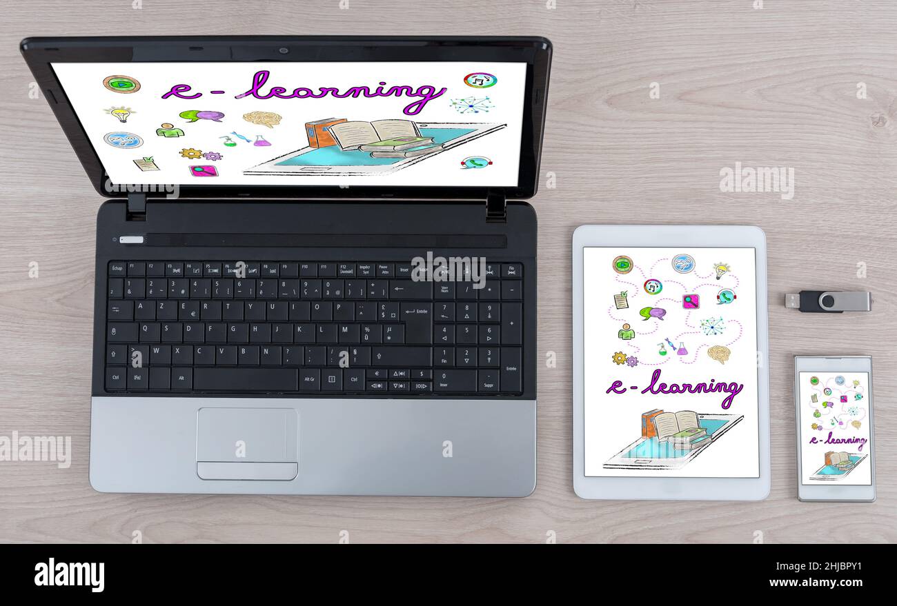 E-learning concept shown on different information technology devices Stock Photo