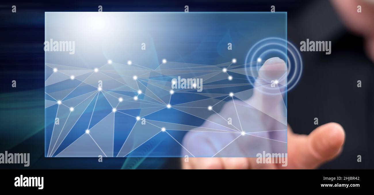 Man touching a virtual network on a touch screen with his finger Stock ...