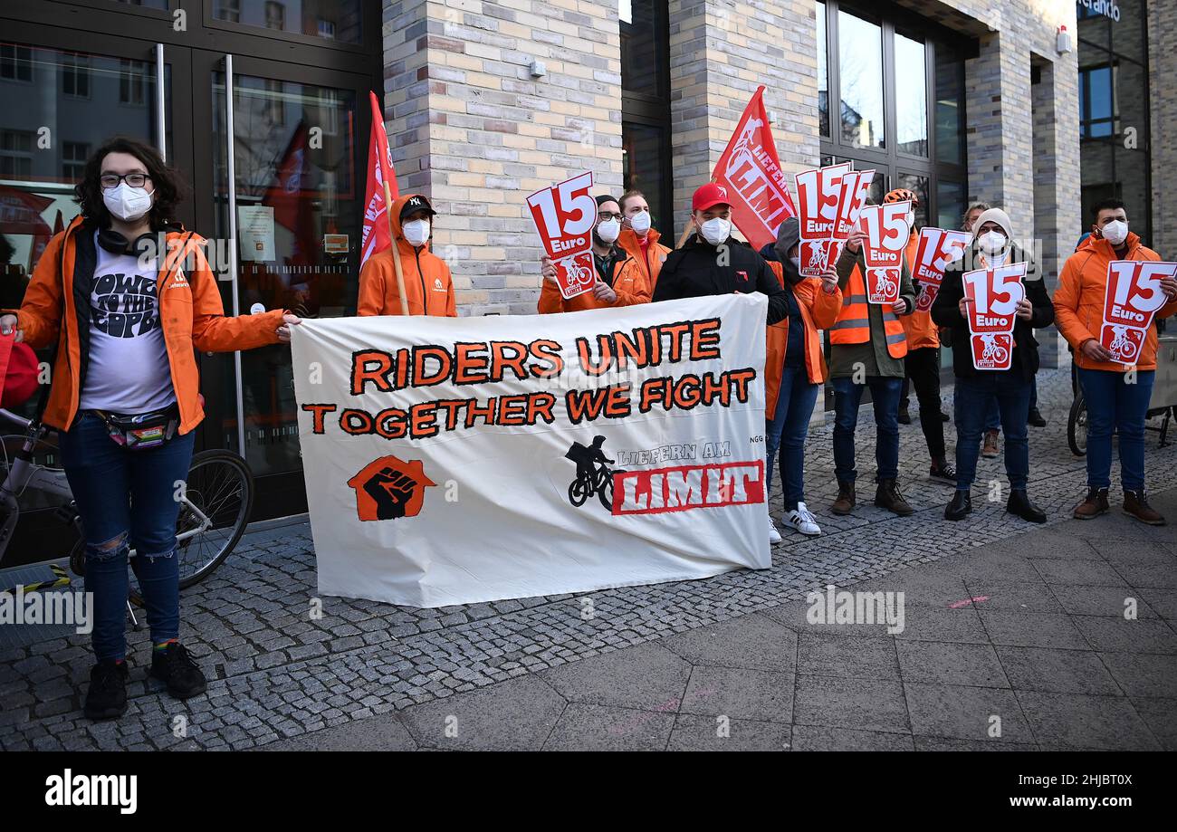 Berlin, Germany. 28th Jan, 2022. Lieferando employees demonstrate in