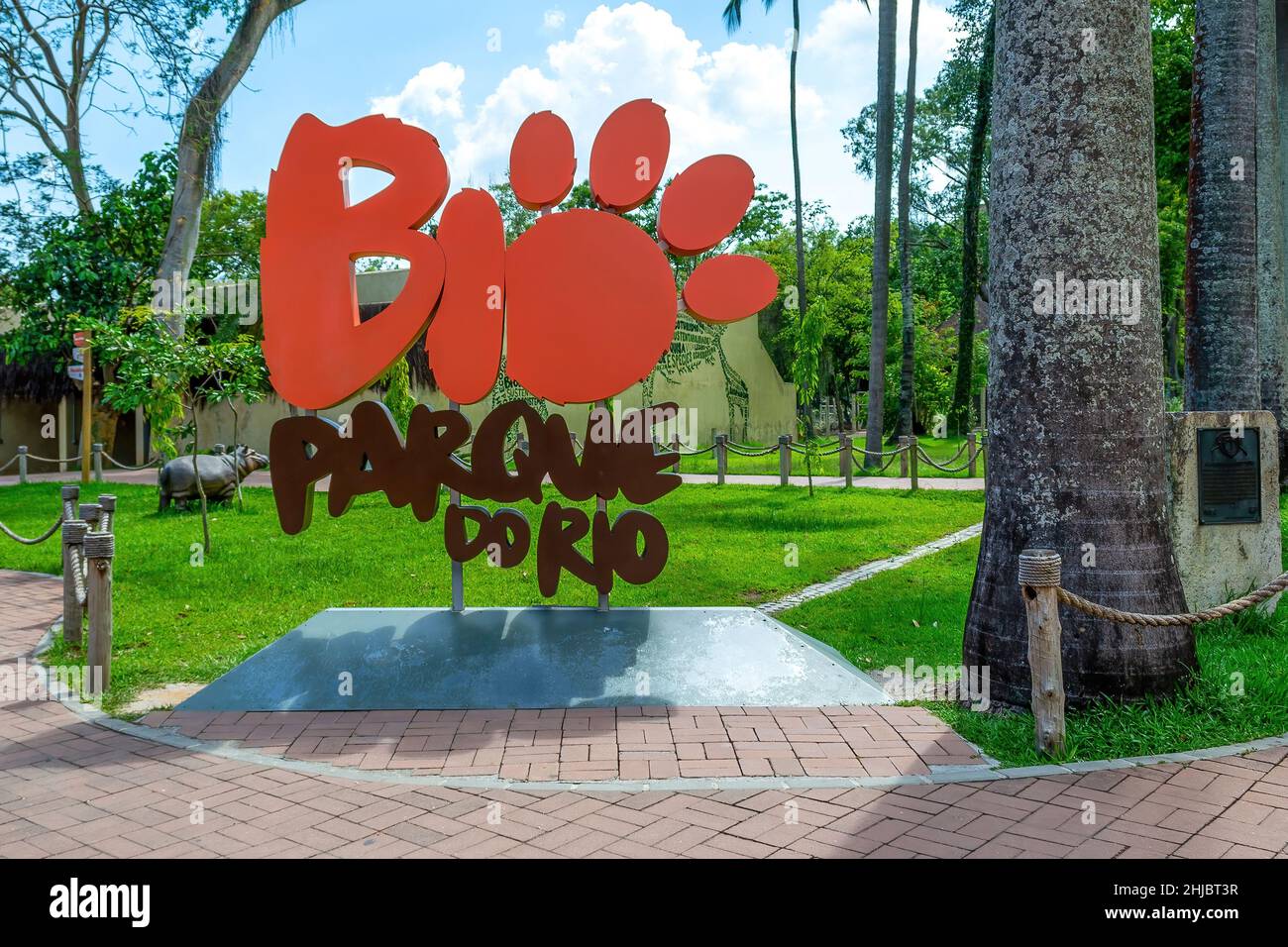 Sign reading 'Bio Park do Rio' in Quinta da Boa Vista which is a public park of great historical importance located in the Sao Cristovao neighbourhood Stock Photo