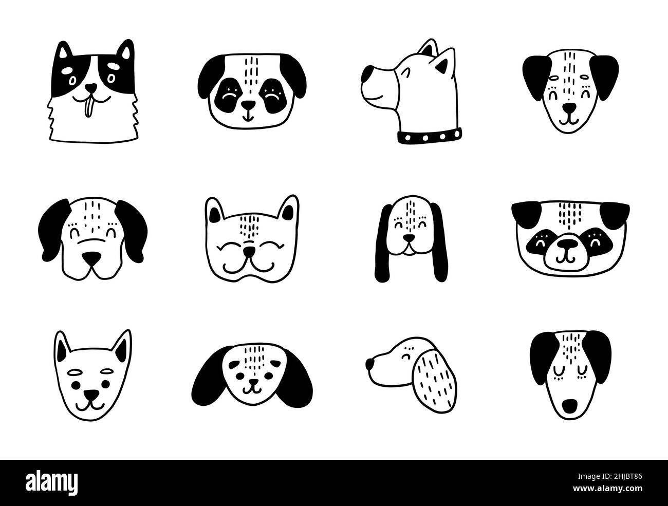 Pretty dog head set. Funny puppy linear sketches. Vector dogs illustration for print, stickers