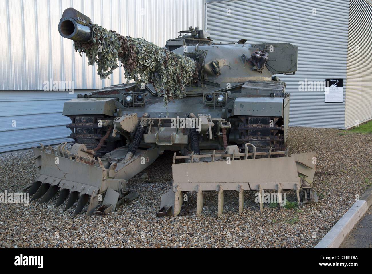 British army Chieftain Mark 5 main Battle Tank fitted with a Pearson Engineering Track Width Mineplough, Bovington Tank Museum, Dorset, England Stock Photo