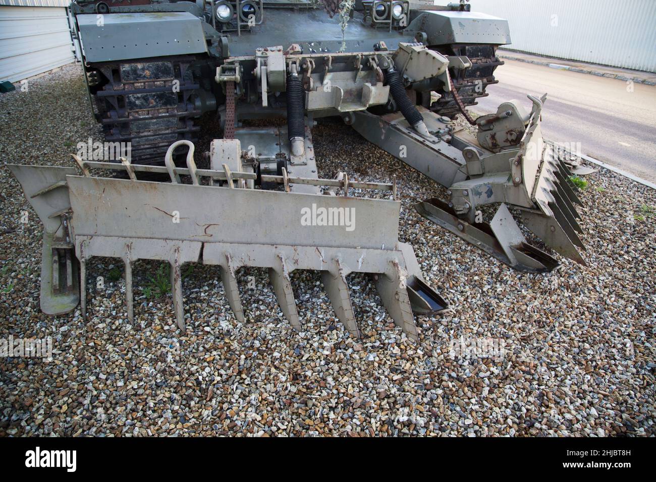 British army Chieftain Mark 5 main Battle Tank fitted with a Pearson Engineering Track Width Mineplough, Bovington Tank Museum, Dorset, England Stock Photo