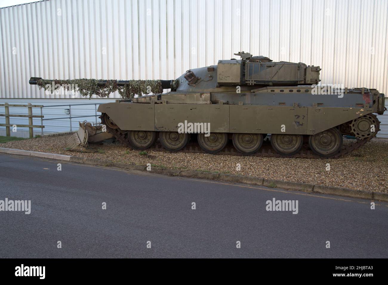 British army Chieftain Mark 5 main Battle Tank fitted with a Pearson Engineering Track Width Mineplough, Bovington Tank Museum, Dorset, England Stock Photo