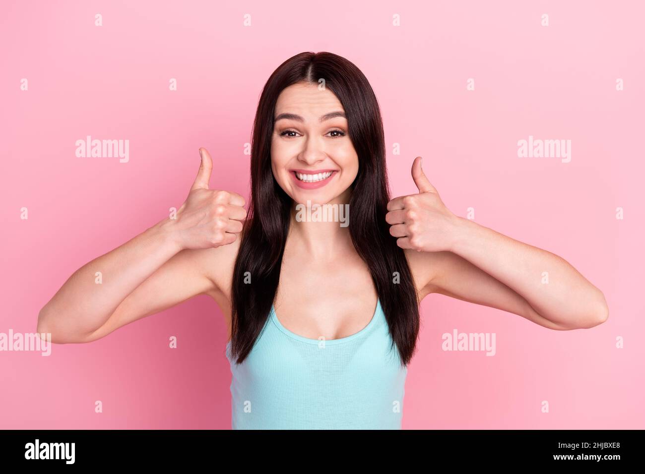 Photo of young attractive girl happy positive smile show thumbs-up ...