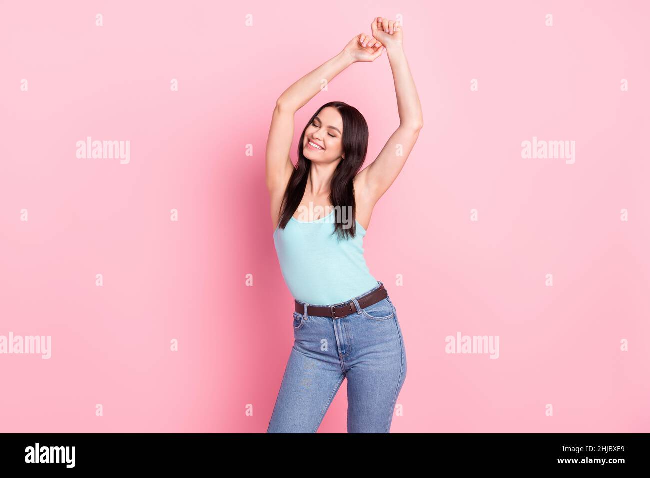 Photo of young attractive girl happy positive smile dream dreamy enjoy ...