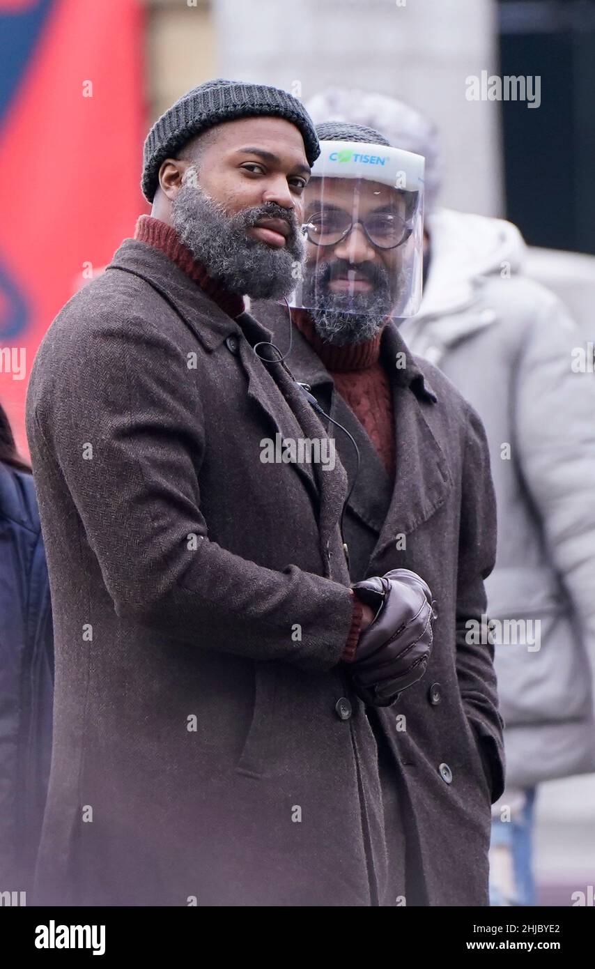 Two stunt doubles for Samuel L Jackson on the set for the filming of Marvel's Secret Invasion, at The Piece Hall in Halifax, West Yorkshire. Picture date: Friday January 28, 2022. Stock Photo