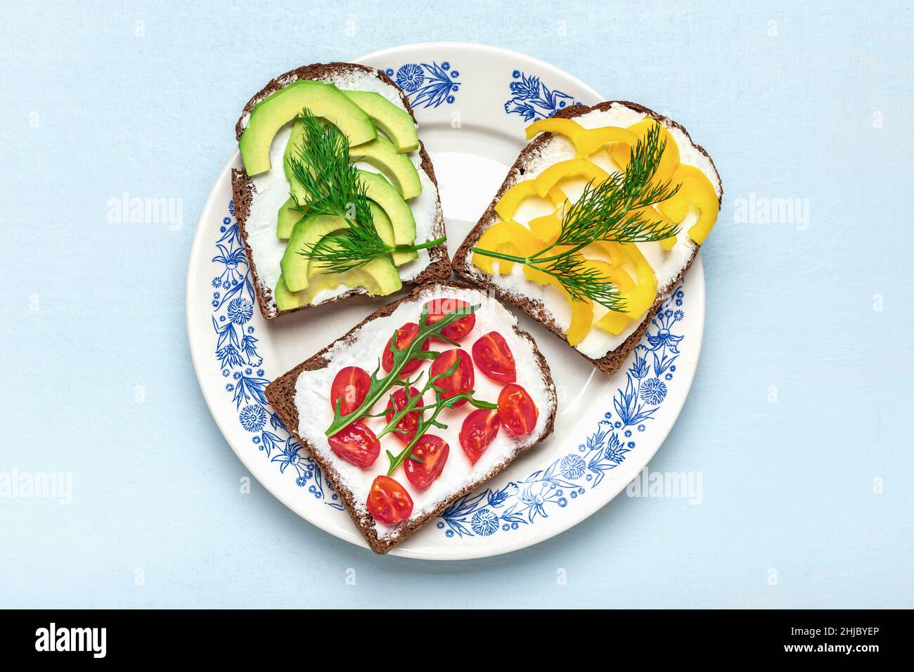 Variety of sandwiches for breakfast slice of whole grain dark bread