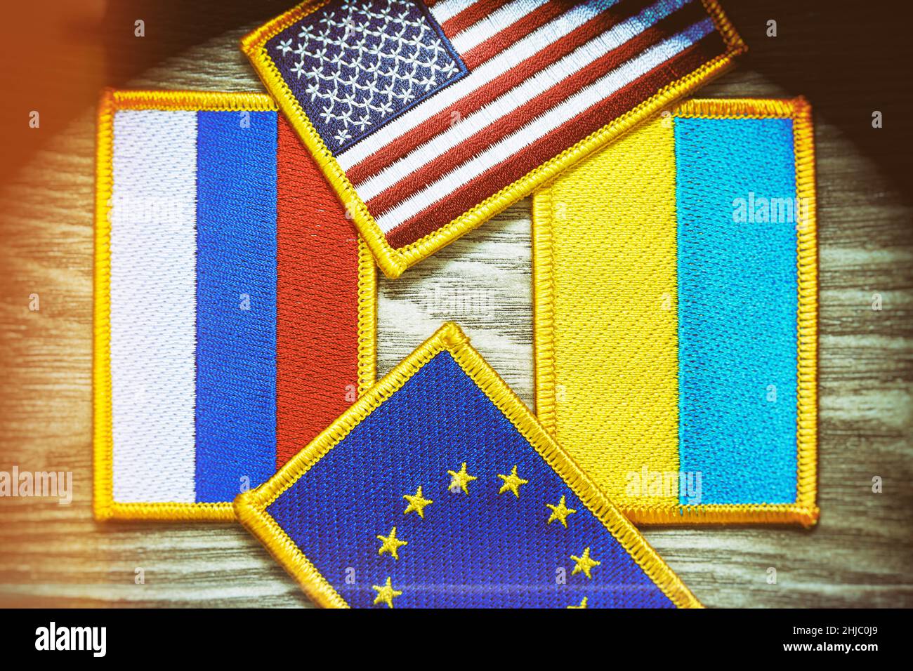 Flags of Russia, Ukraine, the United States and the EU, Ukraine crisis Stock Photo
