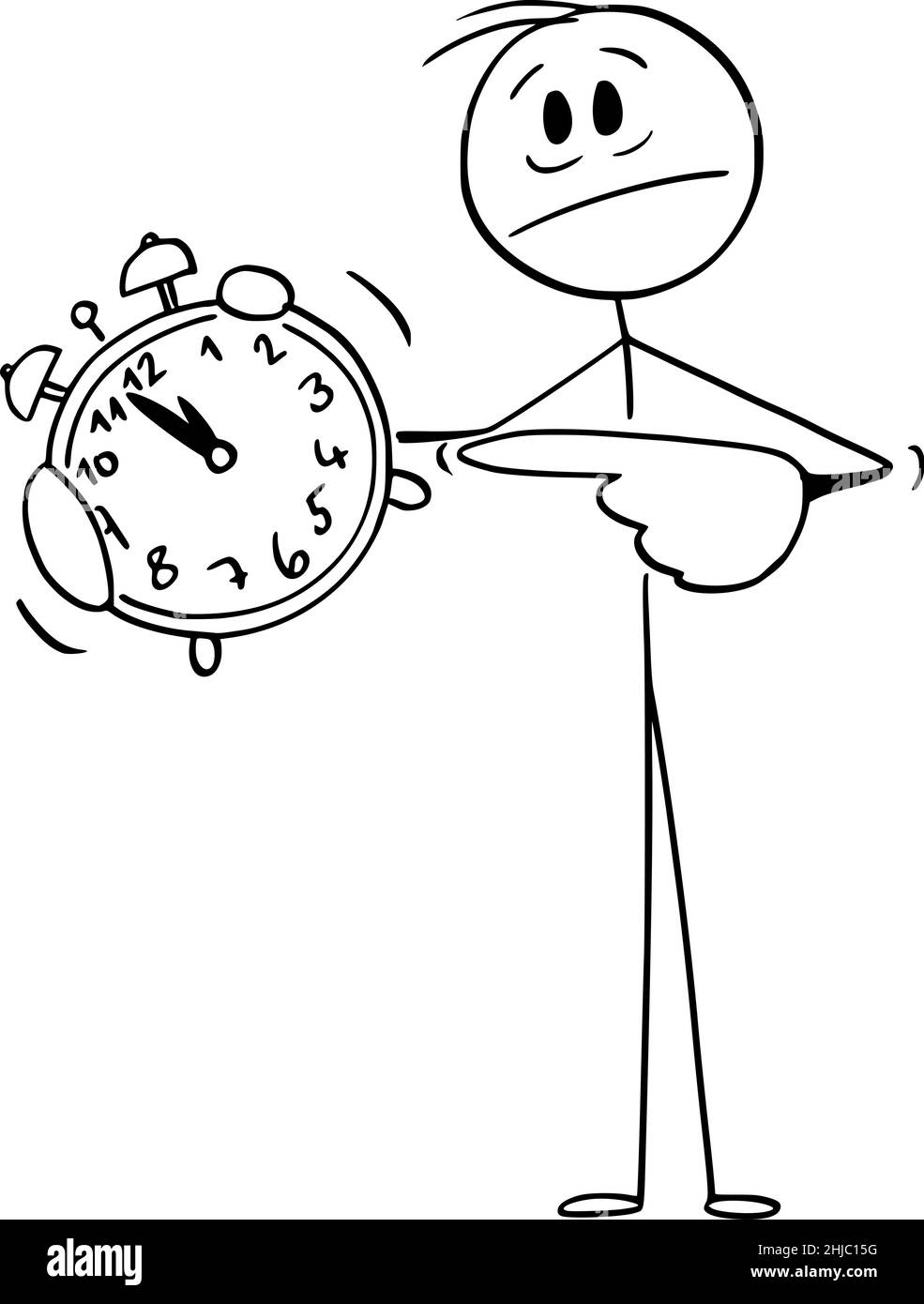 Frustrated Person Holding and Pointing at Alarm Clock, Vector Cartoon Stick Figure Illustration Stock Vector