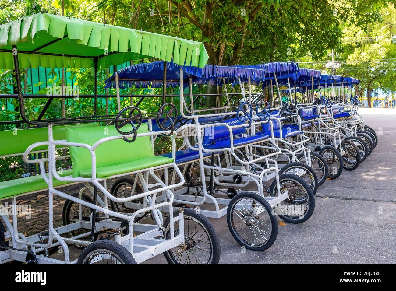 A group of pedicabs for transportation inside Quinta da Boa Vista which is a public park of great historical importance located in the Sao Cristovao n Stock Photo