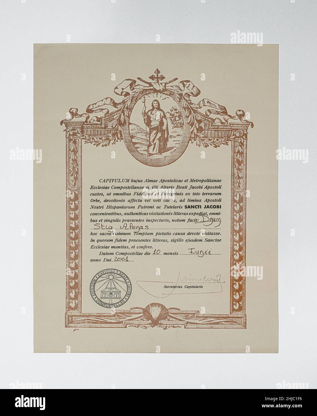 Pilgrimage certificate in latin from the Pilgrim's Office in Santiago de Compostela, Frederikssund, Denmark, January 27, 2022 Stock Photo
