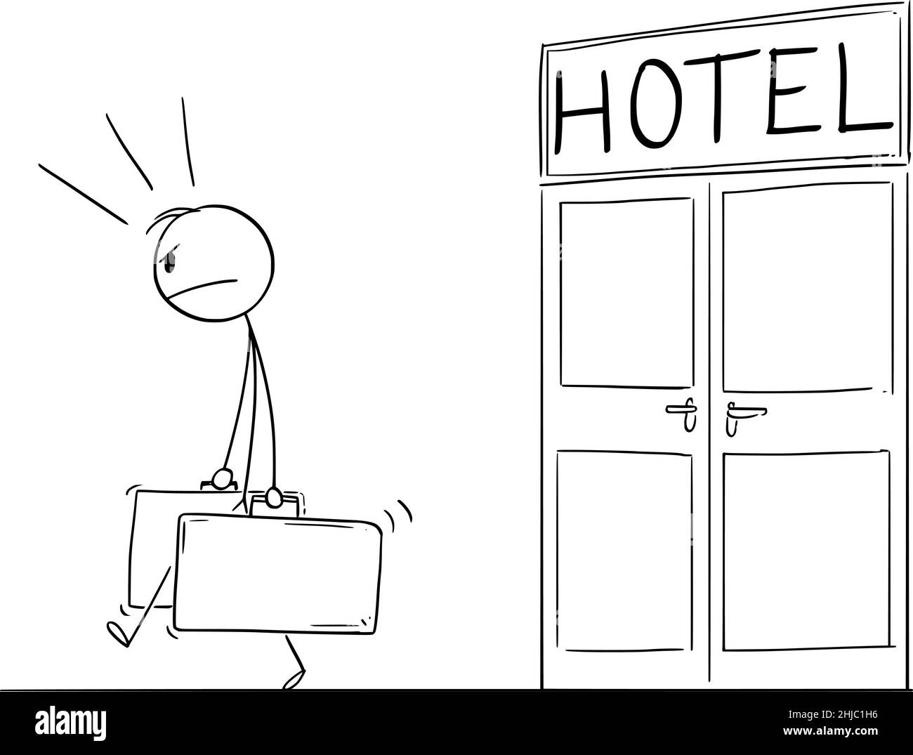 Unhappy Guest, Client or Tourist is Leaving Hotel , Vector Cartoon Stick Figure Illustration Stock Vector