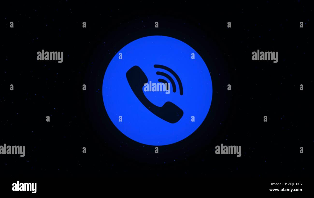 Phone icon is sprayed on the dots in cyberspace. Animation. Colored phone icon on black background. Stock Photo