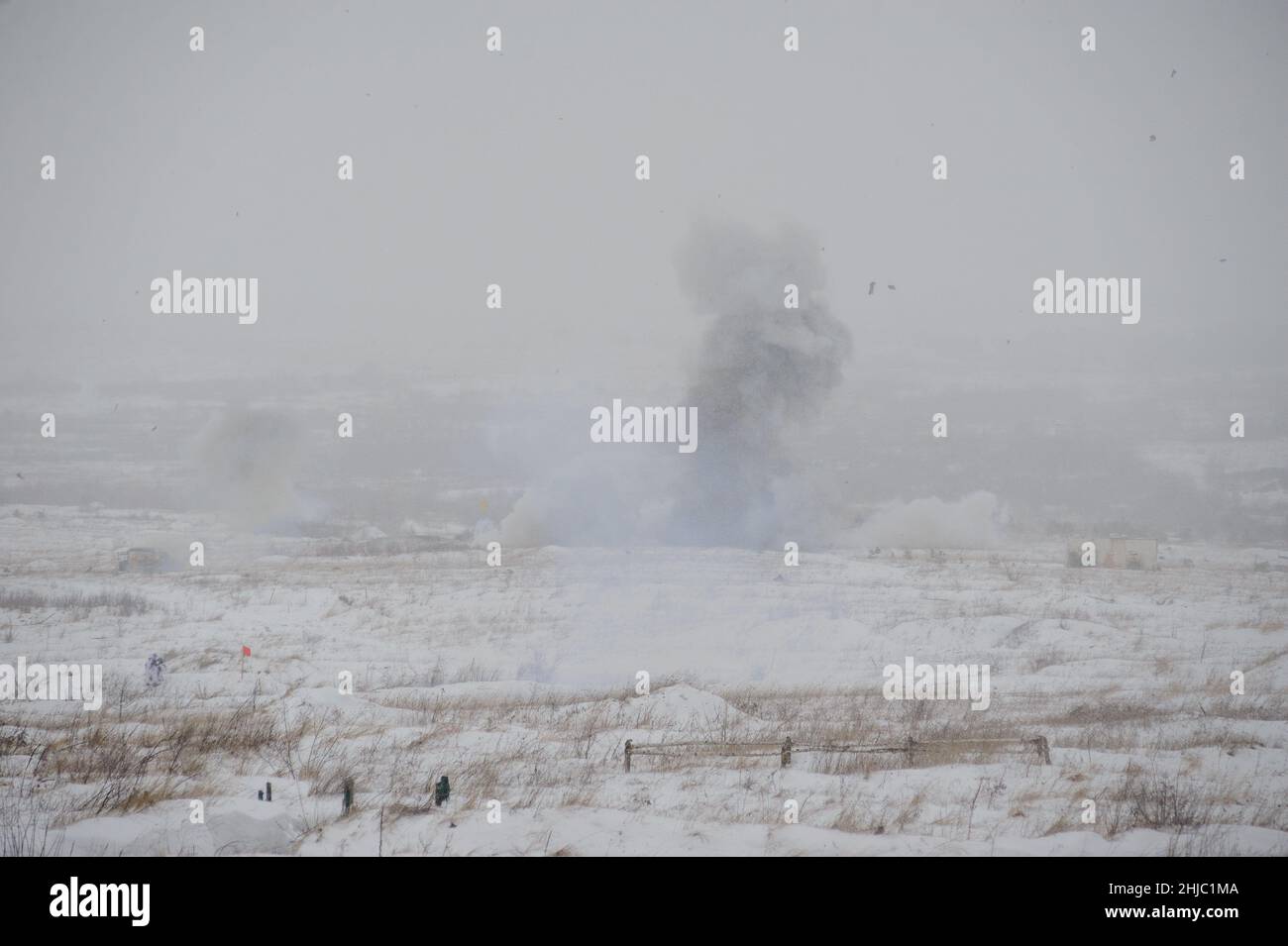 Lviv, Ukraine 28 January 2022. Explosion, neutralization of the target seen during practical launches of NLAW ATGM at the International Center for Peacekeeping and Security of the National Academy of Land Forces. Stock Photo