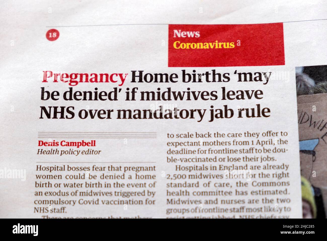 Pregnancy 'Home births 'may be denied' if midwives leave NHS over mandatory jab rule' Guardian newspaper headline 25 January 2022 City of London UK Stock Photo