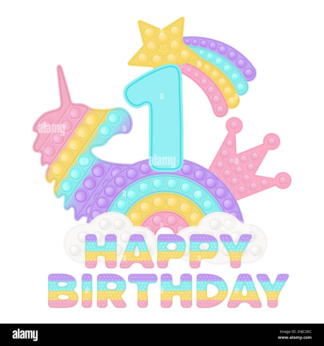 Happy 1st Birthday one year pop it topper or sublimation print for t-shirt in style a fashionable silicone toy for fidgets. Blue number, unicorn, crow Stock Vector