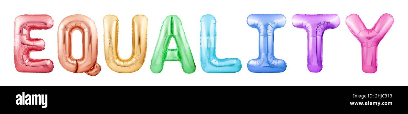 Equality word made of colorful inflatable balloon letters isolated on white background Stock Photo