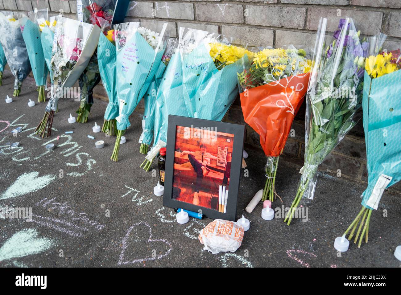 Southend on Sea, Essex, UK. 28th Jan, 2022. Tributes have been left at the scene of the death of an 18 year old who has been named as Kacper Ksiazek, a male who fell from a multi-storey car park in the Victoria Plaza complex on the evening of Wednesday 26th Jan. Flowers and candles have been left, alongside many personal messages Stock Photo